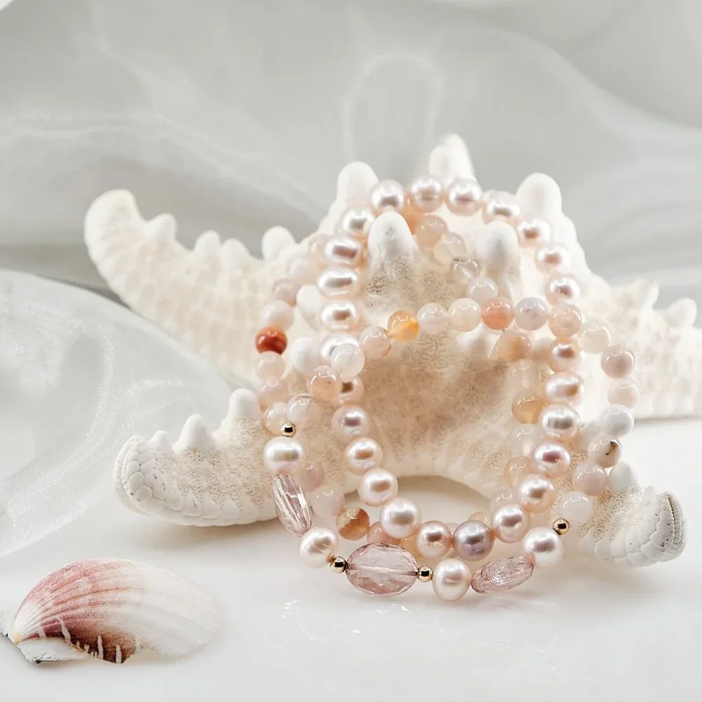 Dainty Bracelet Set, Pearl & Sakura Agate Gemstone Stretch Bracelet, OOAK